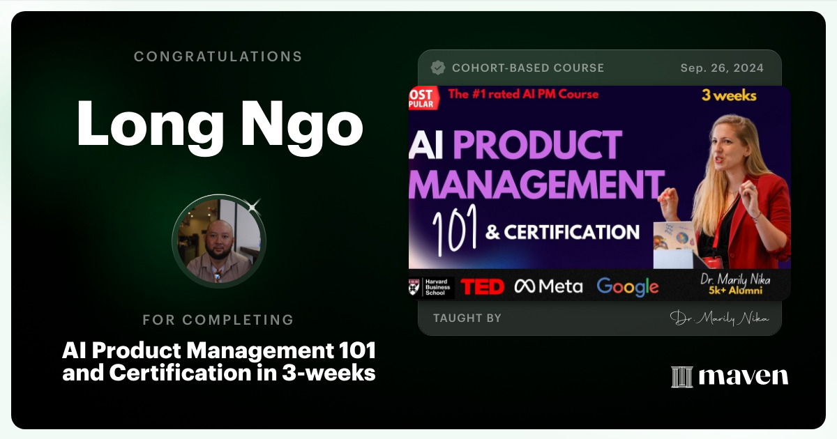 Certificate of Completion for AI Product Management 101 & Certification - Building AI Products end-to-end