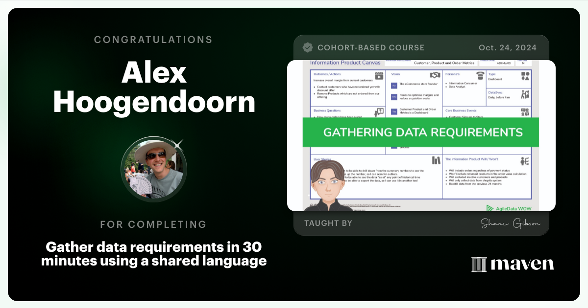 Certificate of Completion for Gather data requirements in 30 minutes using a shared language