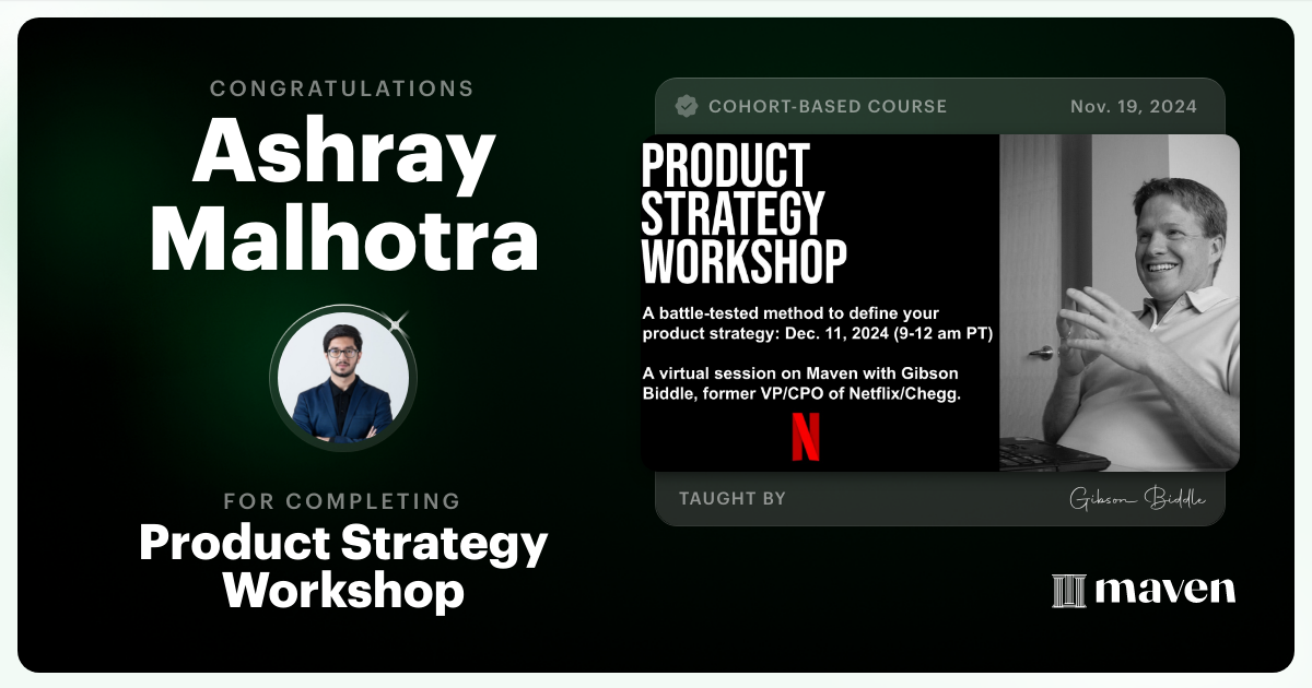 Certificate of Completion for Product Strategy Workshop