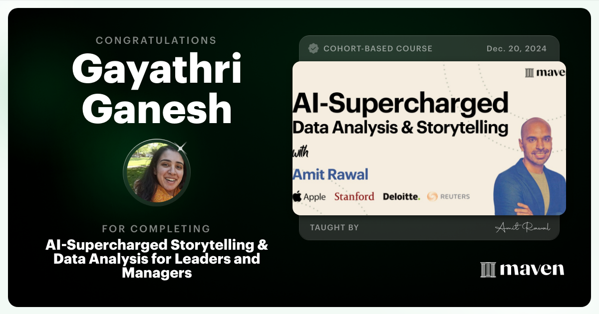Certificate of Completion for AI-Supercharged Storytelling & Data Analysis for Leaders and Managers
