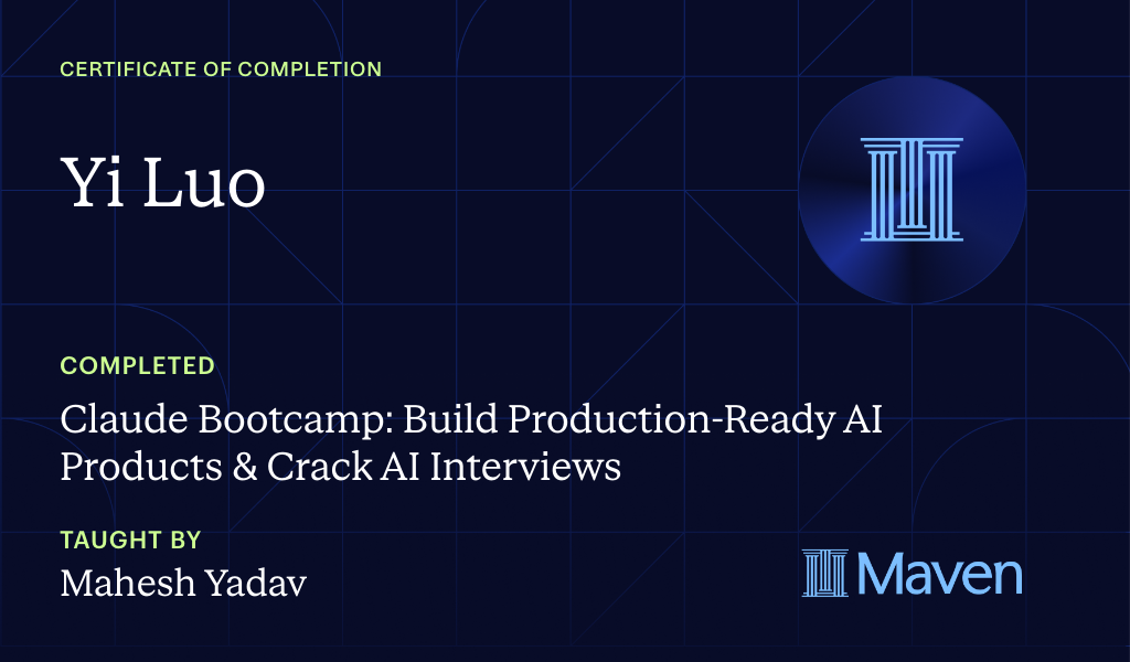 Certificate for Claude Bootcamp: Build Production-Ready AI Products & Crack AI Interviews