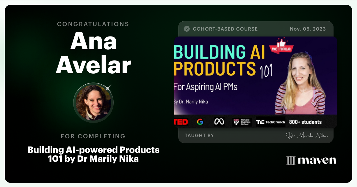 Certificate of Completion for AI Product Management 101 & Certification - Building AI Products end-to-end