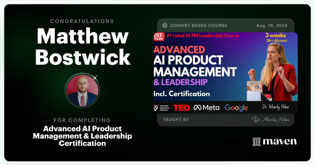 Certificate of Completion for Advanced AI Product Leadership Certification