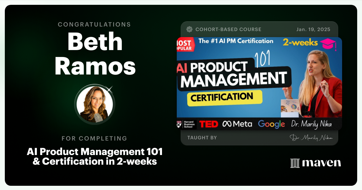 Certificate of Completion for AI Product Management 101 & Certification - Building AI Products end-to-end