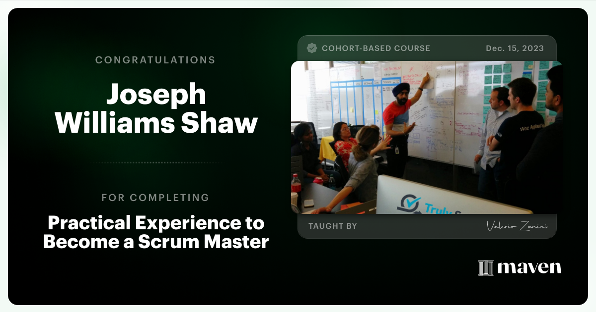 Certificate of Completion for Become a Scrum Master - Experiential program