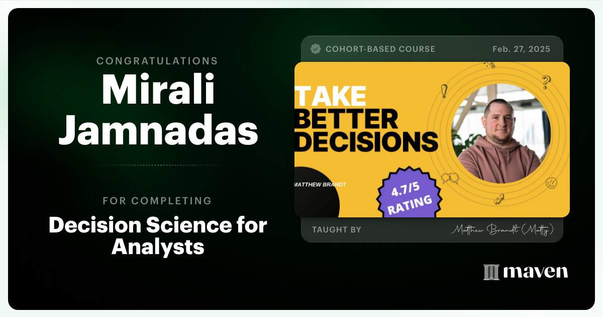 Certificate of Completion for Decision Science for Analysts