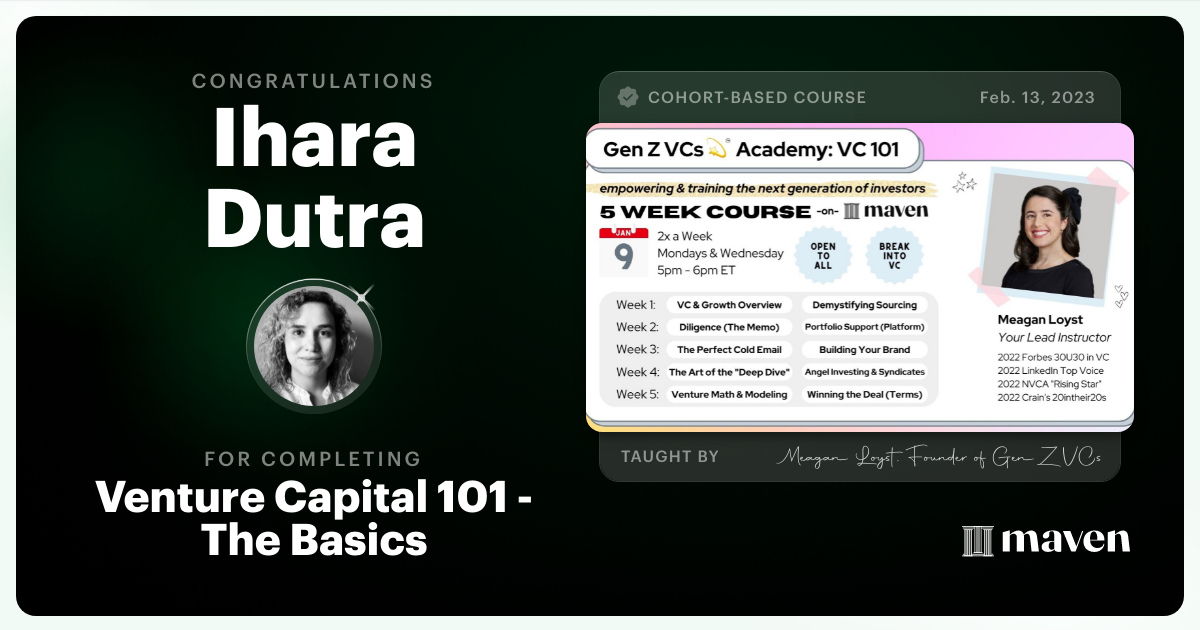 Certificate of Completion for Venture Capital 101 - The Basics