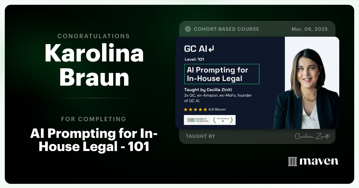 Certificate of Completion for AI Prompting for In-House Legal - 101