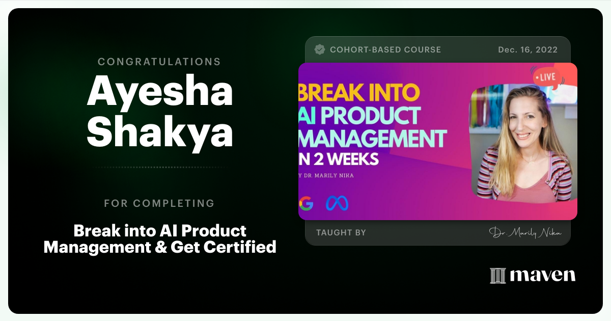 Certificate of Completion for AI Product Management 101 & Certification - Building AI Products end-to-end
