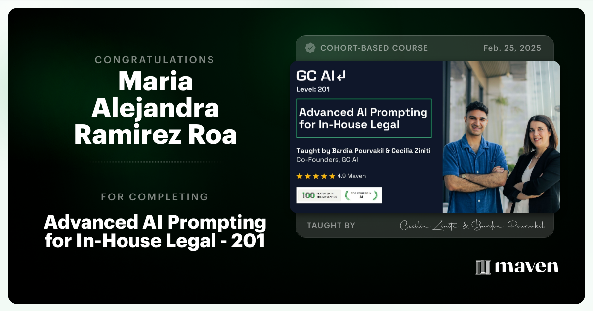 Certificate of Completion for Advanced AI Prompting for In-House Legal - 201