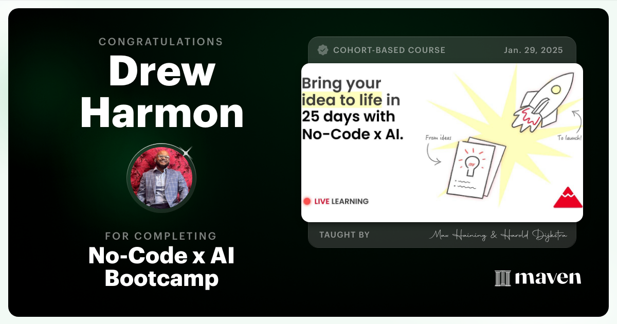 Certificate of Completion for No-Code x AI Bootcamp