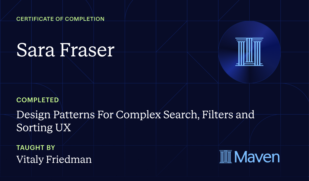 Certificate for Design Patterns For Complex Search, Filters and Sorting UX