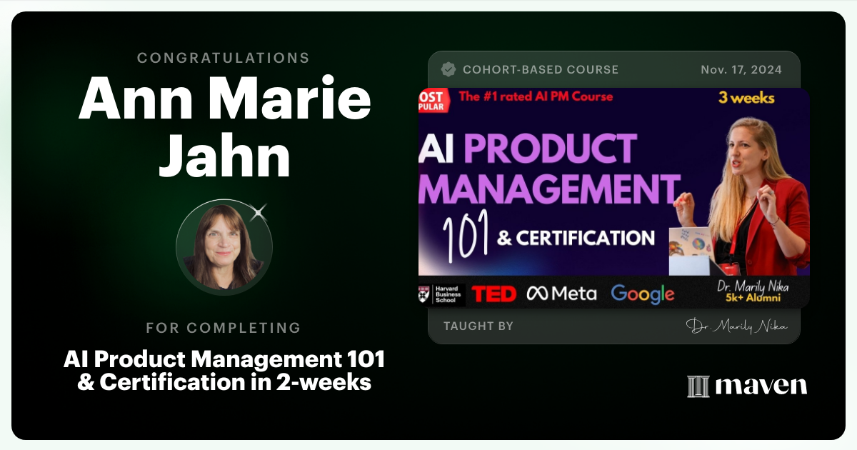 Certificate of Completion for AI Product Management 101 & Certification - Building AI Products end-to-end