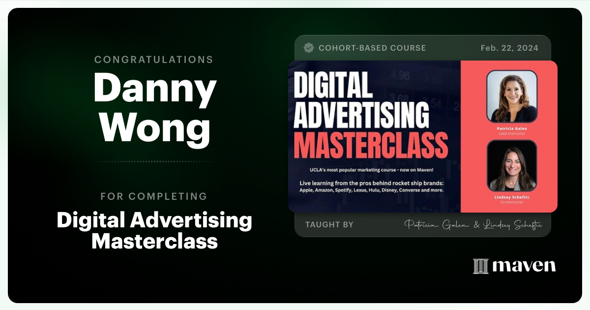 Certificate of Completion for Digital Advertising Masterclass - Nail Your Next Campaign