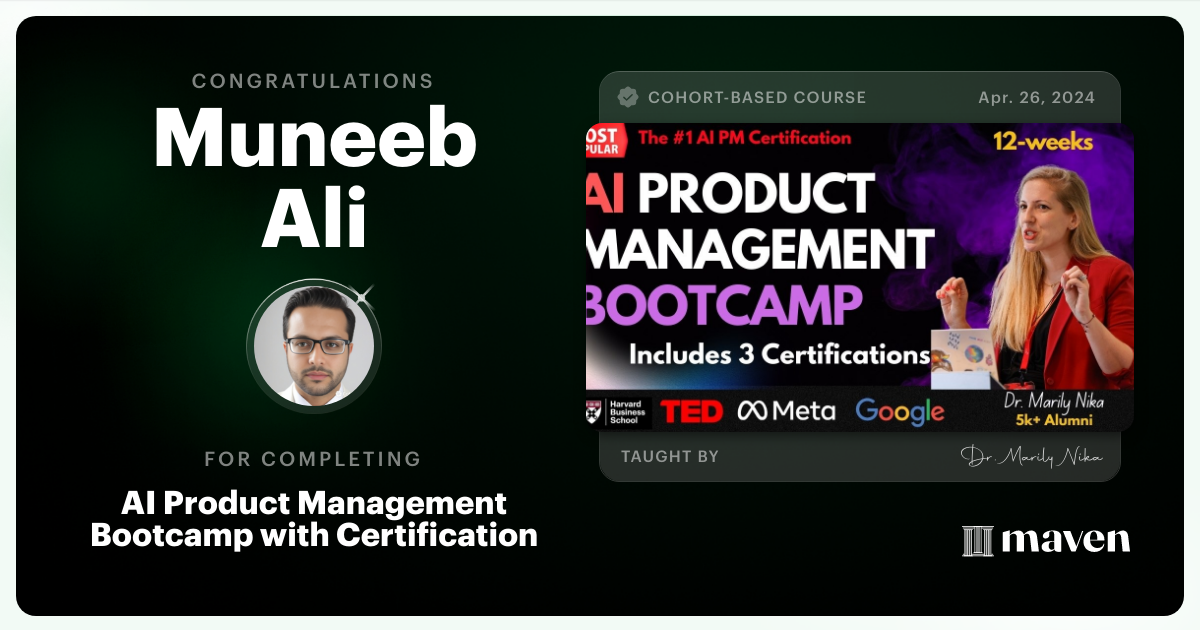 Certificate of Completion for AI Product Management Bootcamp & Certification by AI Product Academy