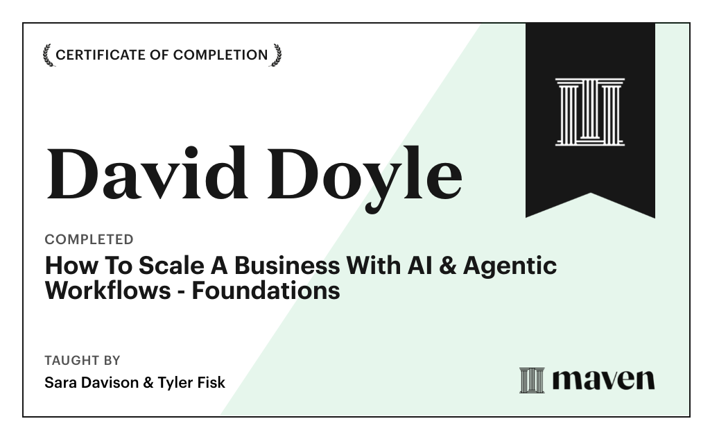 Certificate for How To Scale A Business With AI & Agentic Workflows - Foundations