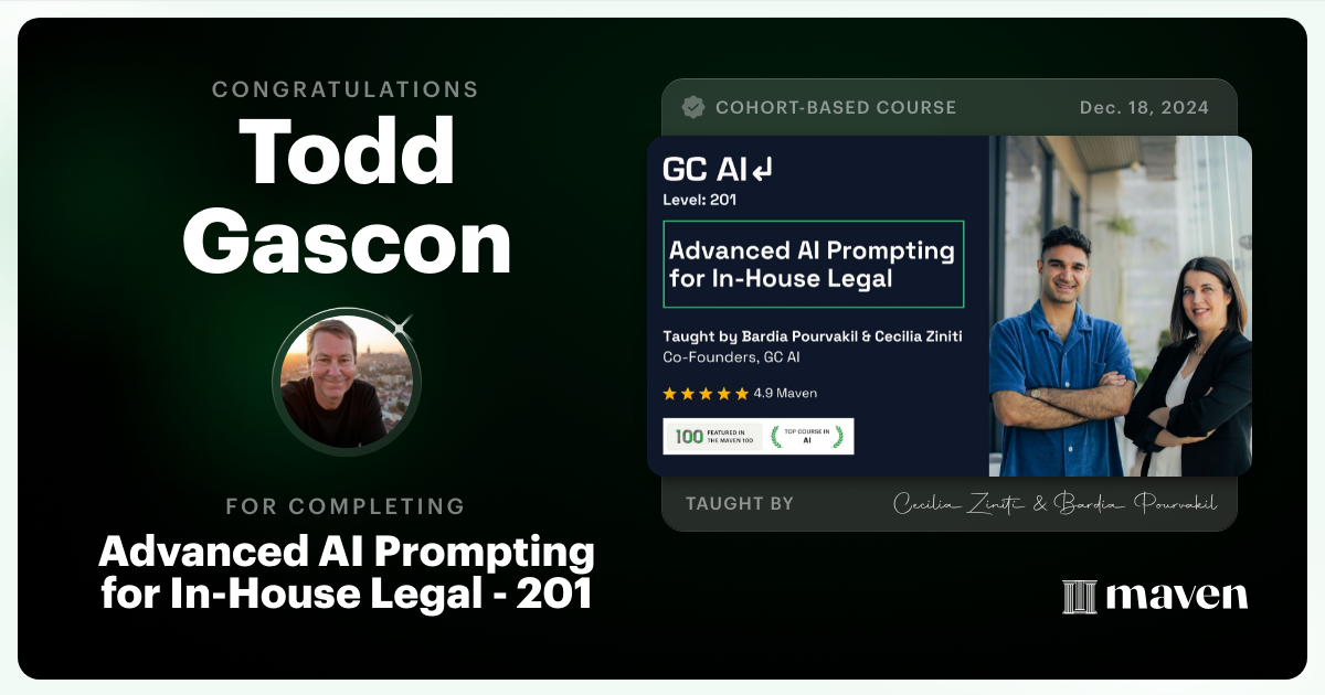 Certificate of Completion for Advanced AI Prompting for In-House Legal - 201