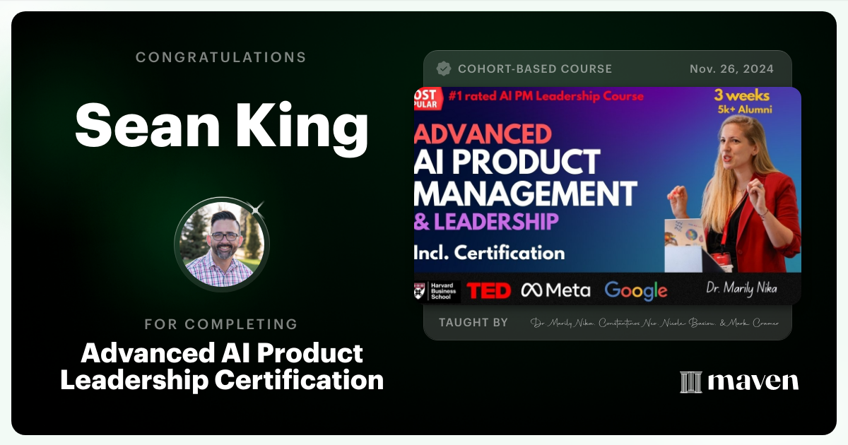 Certificate of Completion for Advanced AI Product Leadership Certification
