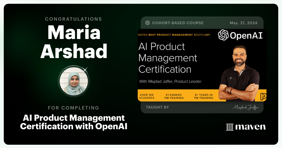 Certificate of Completion for AI Product Management Certification by Product Faculty