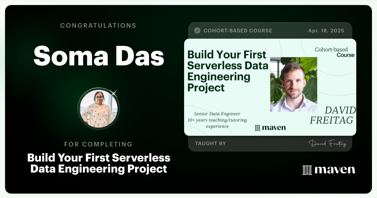 Certificate of Completion for Build Your First Serverless Data Engineering Project