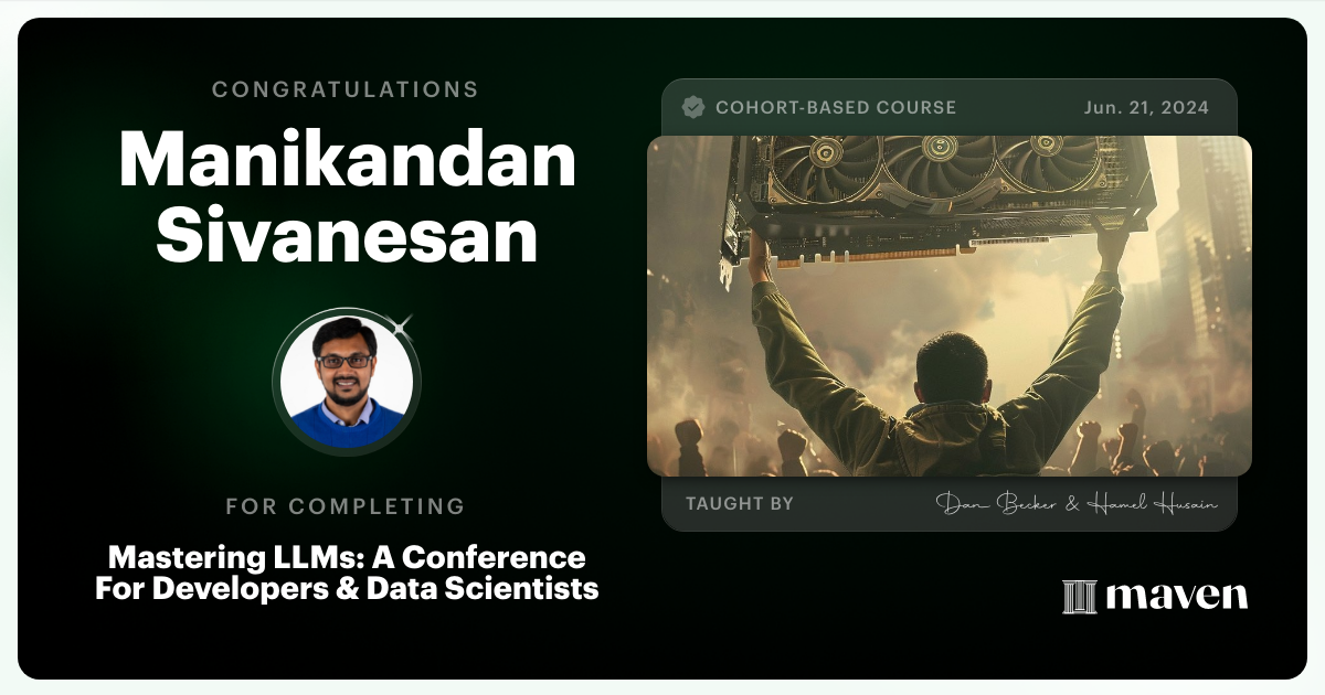 Certificate of Completion for Mastering LLMs For Developers & Data Scientists