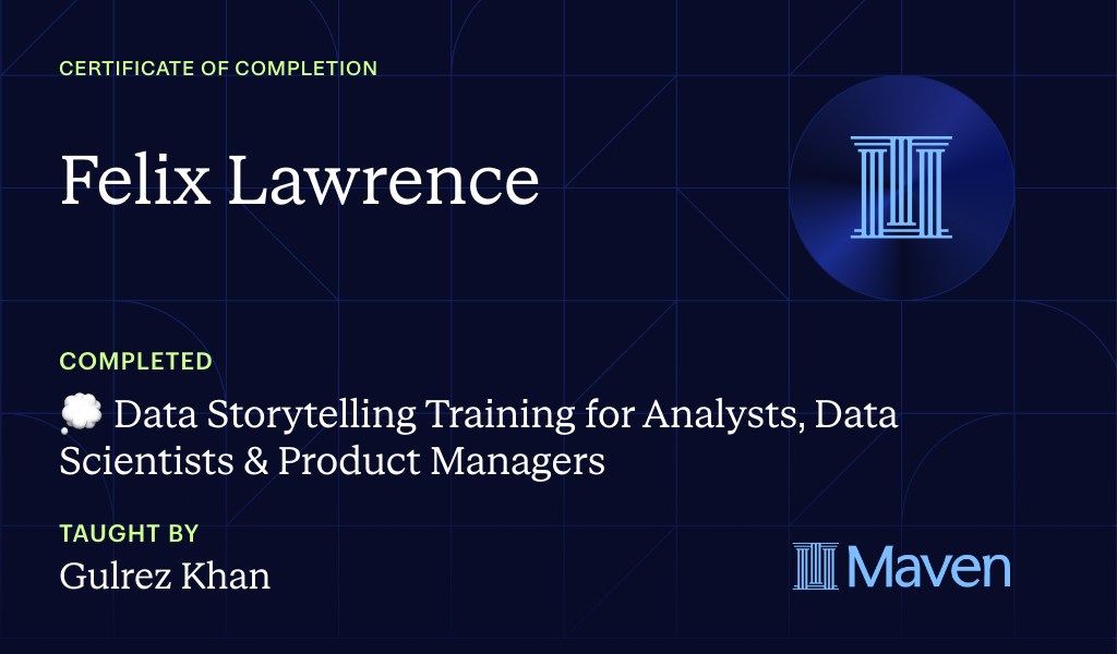 Certificate for 💭 Data Storytelling Training for Analysts, Data Scientists & Product Managers