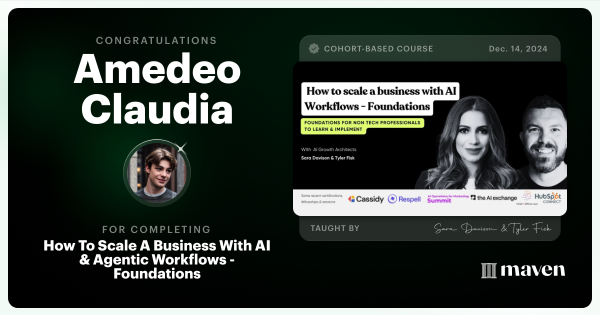 Certificate of Completion for How To Scale A Business With AI & Agentic Workflows - Foundations