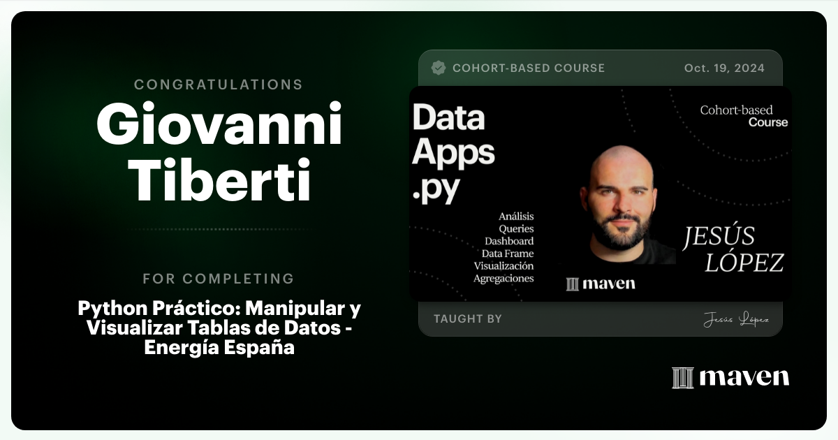 Certificate of Completion for Python Práctico: Manipular y Visualizar Tablas de Datos - REE I90 & Curvas OMIE