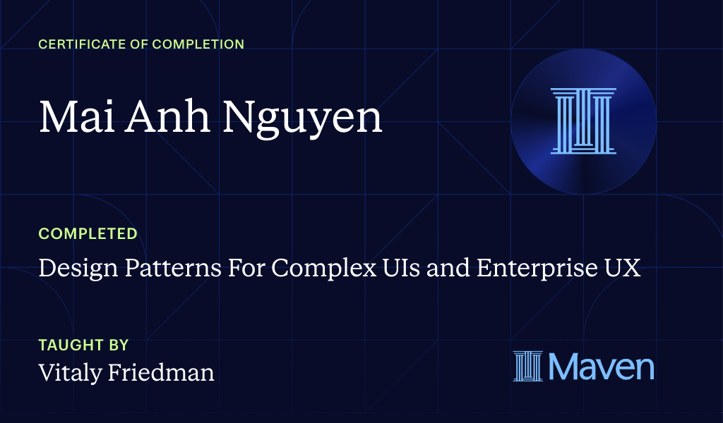 Certificate for Design Patterns For Complex UIs and Enterprise UX