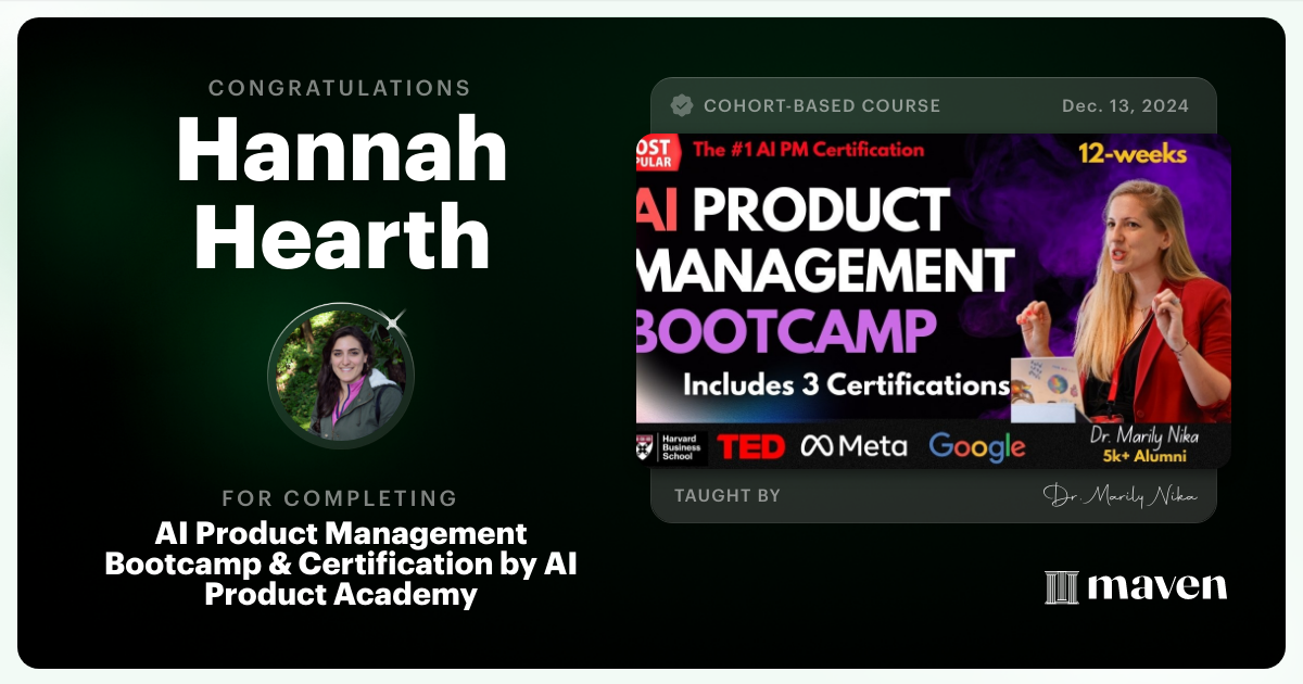 Certificate of Completion for AI Product Management Bootcamp & Certification by AI Product Academy