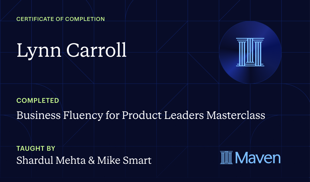 Certificate for Business Fluency for Product Leaders Masterclass