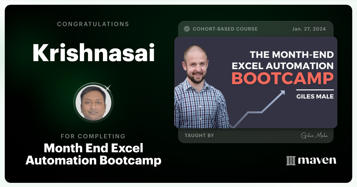 Certificate of Completion for Month End Excel Automation Bootcamp