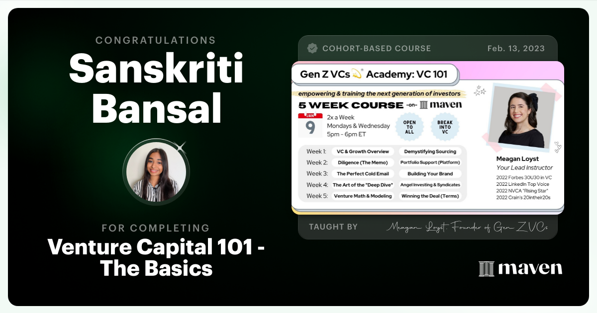 Certificate of Completion for Venture Capital 101 - The Basics