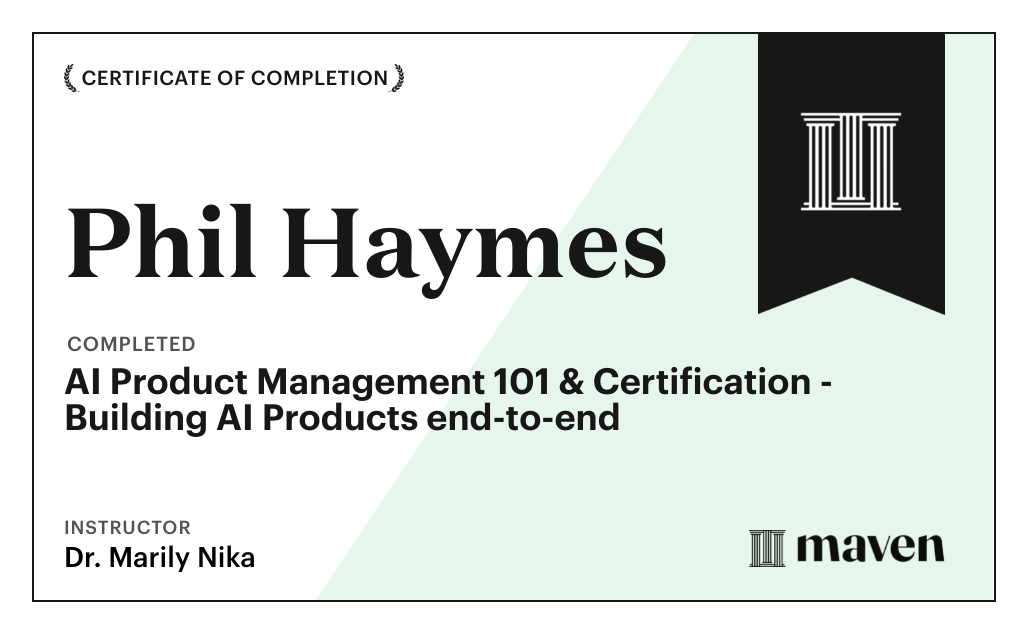 Certificate for AI Product Management 101 & Certification - Building AI Products end-to-end