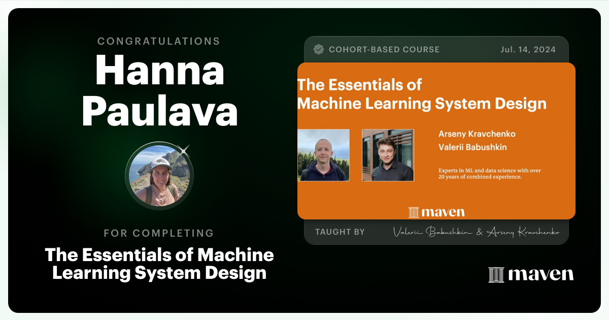 Certificate of Completion for The Essentials of Machine Learning System Design