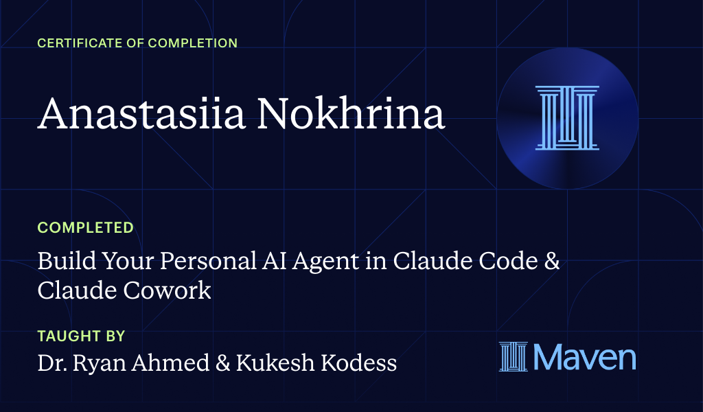 Certificate for Build Your Personal AI Agent in Claude Code & Claude Cowork