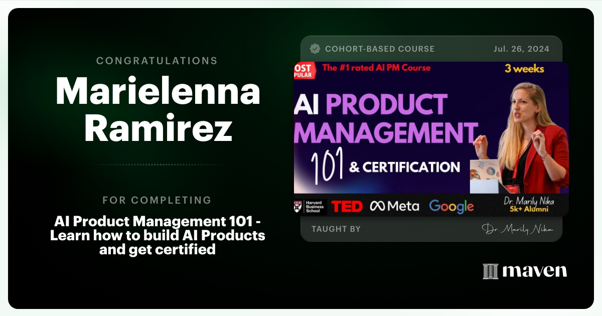 Certificate of Completion for AI Product Management 101 & Certification - Building AI Products end-to-end