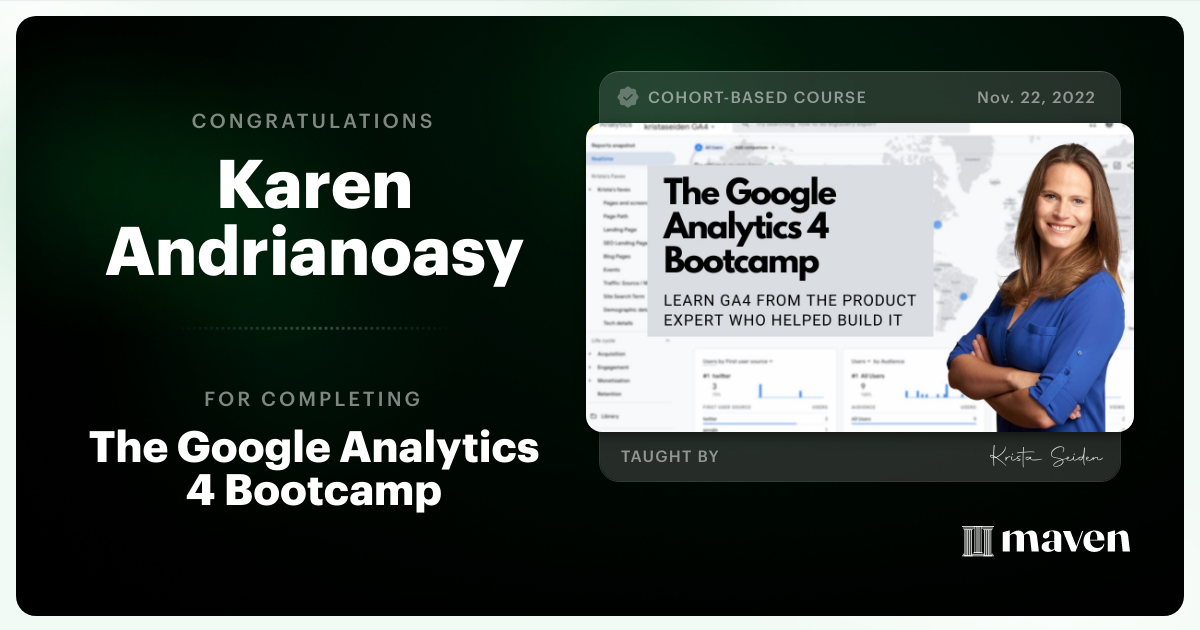 Certificate of Completion for The Google Analytics 4 Bootcamp