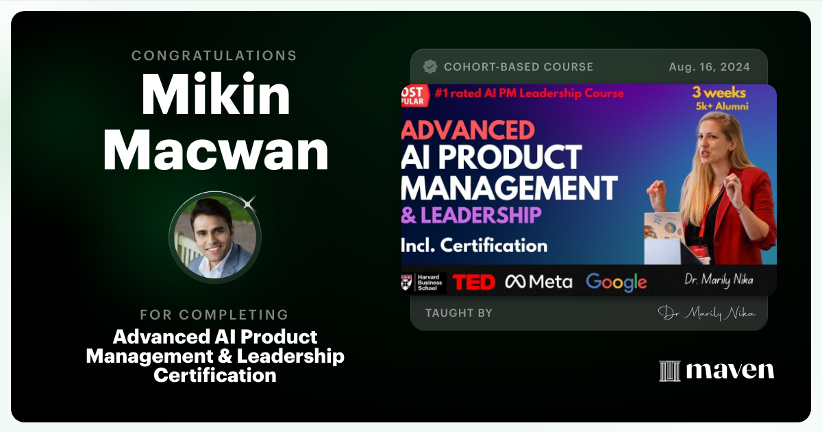 Certificate of Completion for Advanced AI Product Leadership Certification