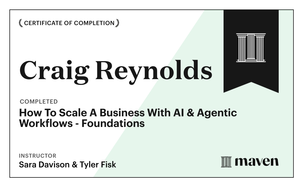 Certificate for How to Scale A Business With Agentic Workflows by AI Build Lab