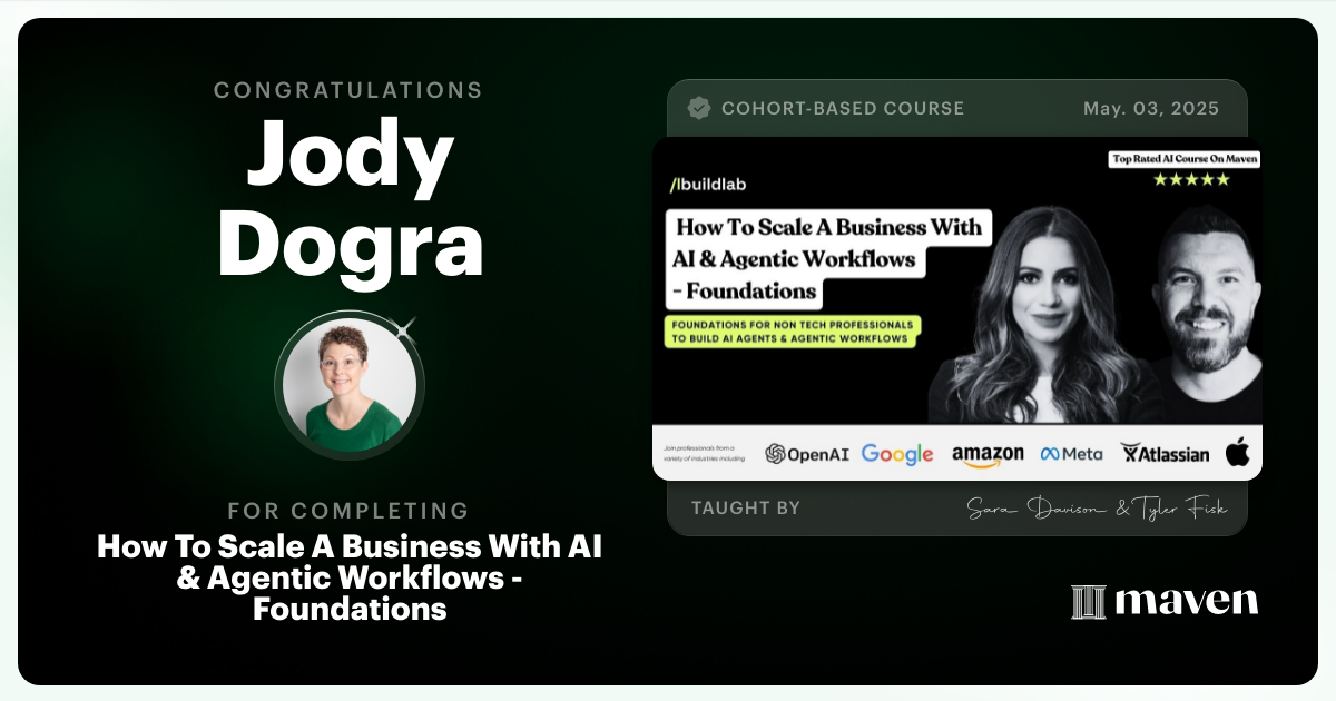 Certificate of Completion for How To Scale A Business With AI & Agentic Workflows - Foundations