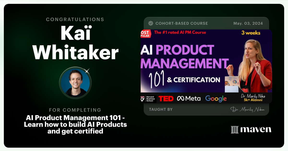 Certificate of Completion for AI Product Management 101 & Certification - Building AI Products end-to-end