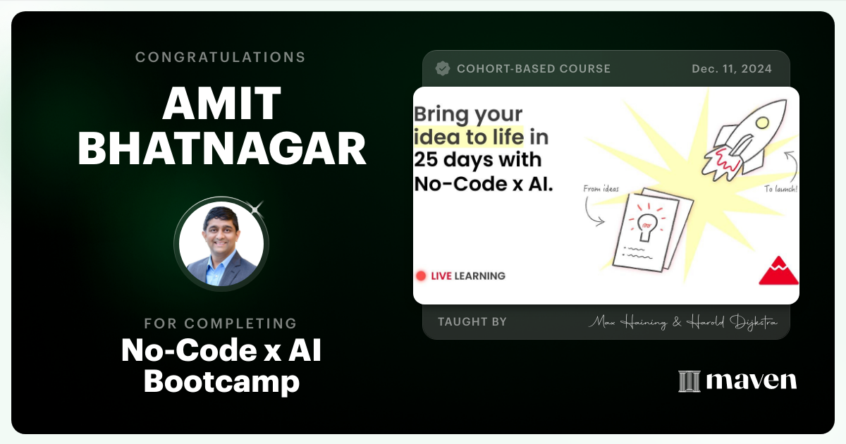 Certificate of Completion for No-Code x AI Bootcamp