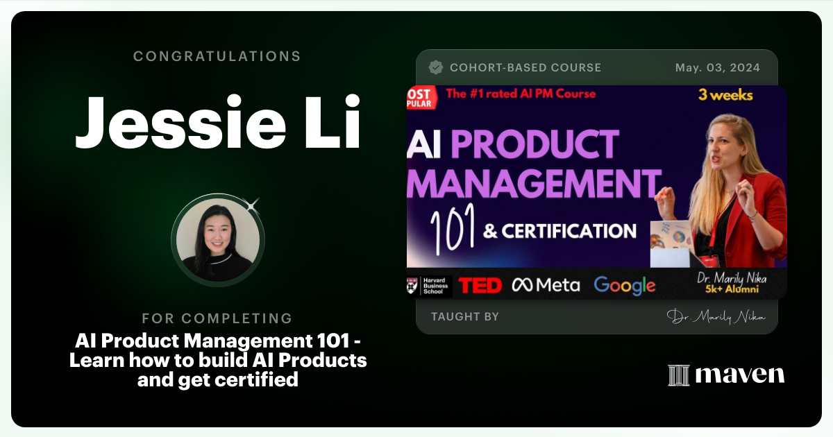 Certificate of Completion for AI Product Management 101 & Certification - Building AI Products end-to-end
