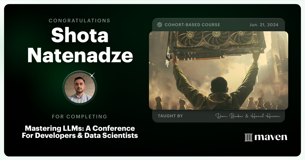 Certificate of Completion for Mastering LLMs For Developers & Data Scientists