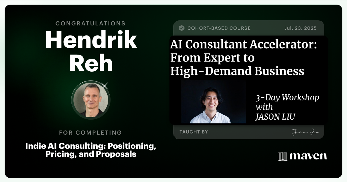 Certificate of Completion for Indie AI Consulting: Positioning, Pricing, and Proposals
