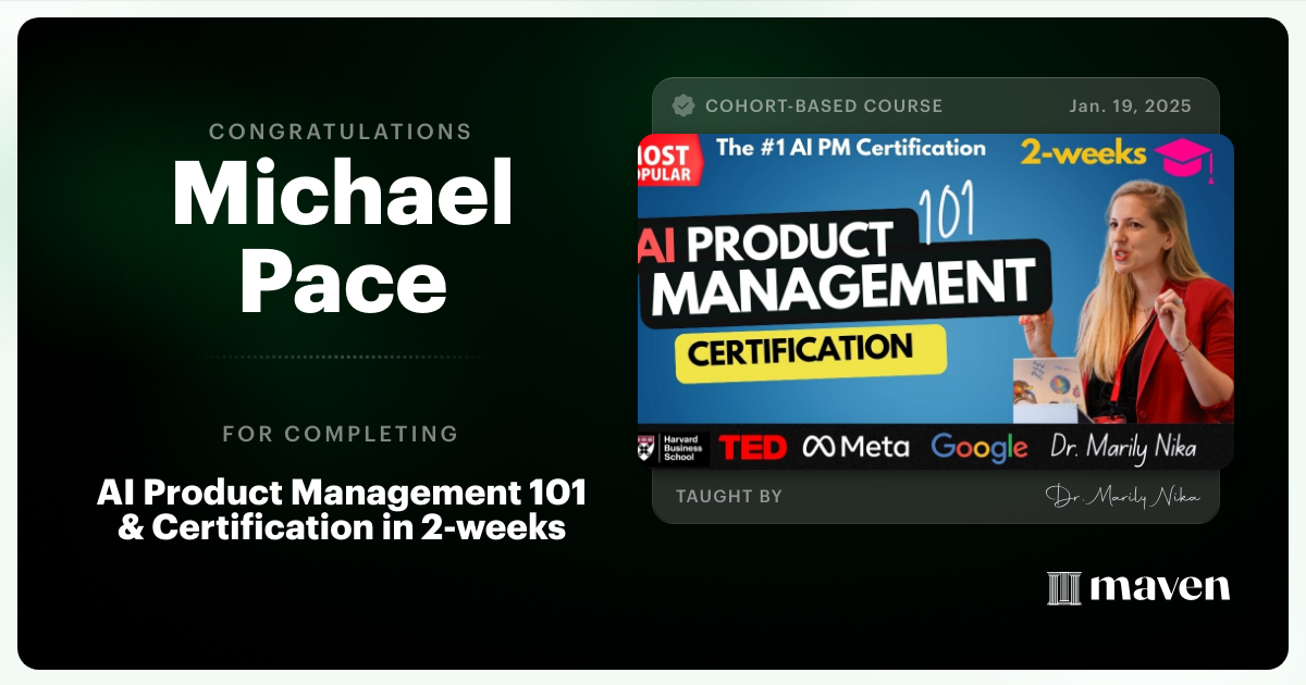 Certificate of Completion for AI Product Management 101 & Certification - Building AI Products end-to-end