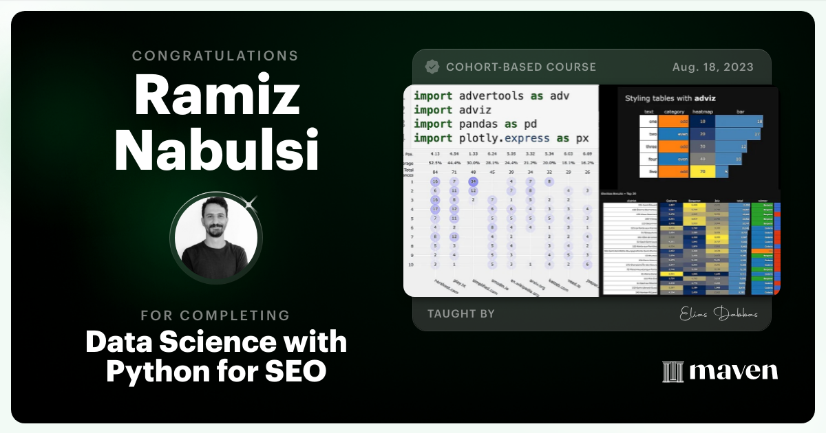 Certificate of Completion for Data Science with Python for SEO