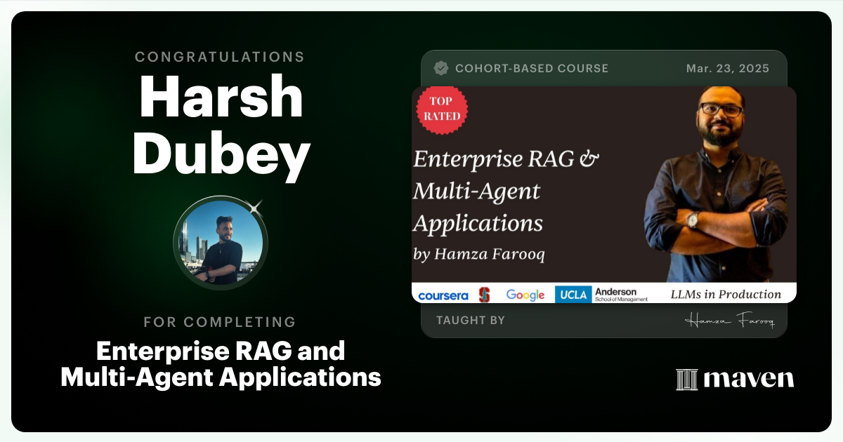 Certificate of Completion for Agent Engineering Bootcamp: Developers Edition