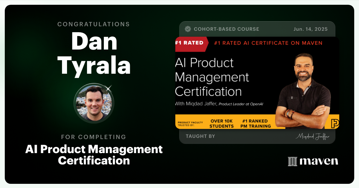 Certificate of Completion for AI Product Management Certification by Product Faculty